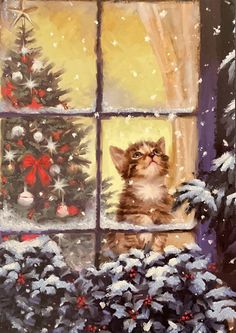 a painting of a cat sitting in front of a christmas tree looking out the window