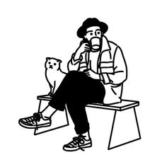 a black and white drawing of a man sitting on a bench next to a cat