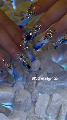 Blue And Gold Rhinestone Nails, Blue Virgo Birthday Nails, Crystal Blue Nails, Super Bling Nails, Blue Topaz Nails, Glam Birthday Nails Blue, Rhinestone Blue Nails, Quinceanera Nails Blue, Royal Blue And Gold Nails For Quince