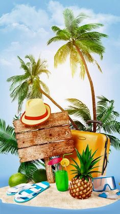 a wooden sign sitting on top of a beach covered in palm trees and other items