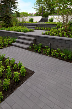 an outdoor garden with steps leading up to it