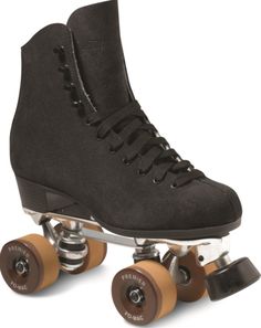 a pair of roller skates with brown wheels