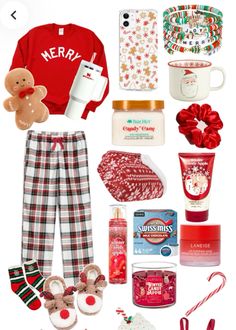 the contents of a christmas gift bag are arranged on top of each other, including items such as socks, coffee mugs and candy