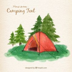 a drawing of a tent with trees in the background and text that reads, hand drawn camping tent