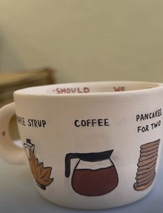 a coffee mug with different types of coffee on it