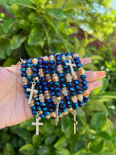 Dark Blue brown and cream crystal beaded protection bracelets with gold accents and diamond cross charm. ✨ Blue Cross Bracelets As Gift, Blue Cross Bracelets For Gifts, Girly Bracelets, Gifts Best Friend, Waist Jewelry, Crystal Bead Jewelry, Jewelry Design Inspiration, Beaded Cross, Jewelry Accessories Ideas