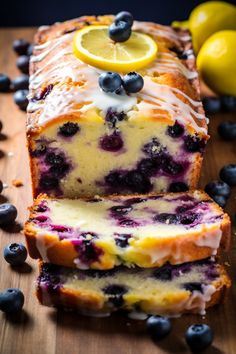 a loaf of lemon blueberry bread on a cutting board