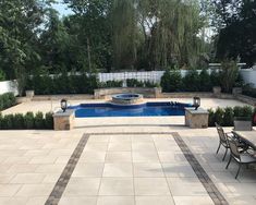 a backyard with a swimming pool and patio furniture