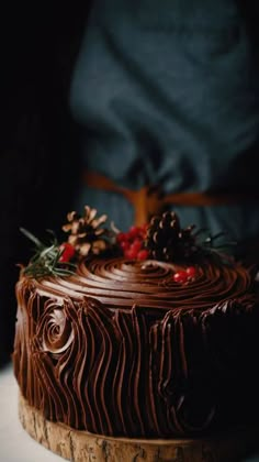 a chocolate frosted cake with pine cones and berries on top, sitting on a wooden platter