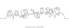 a line drawing of people standing in a row with one person facing the opposite direction