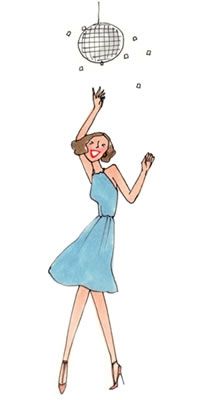 a drawing of a woman in a blue dress throwing a frisbee into the air