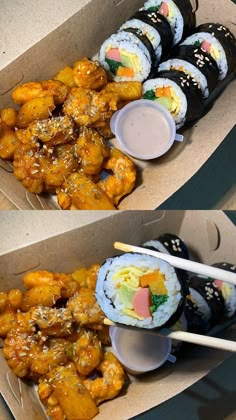 two boxes filled with different types of food and chopsticks next to each other