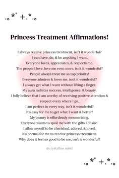 the princess treatment affirmations is shown in pink and black text on a white background