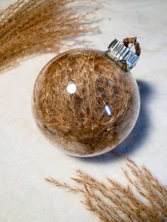 a glass ornament with dried grass in it