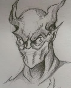 a drawing of a demon with horns on his head and eyes, looking to the side