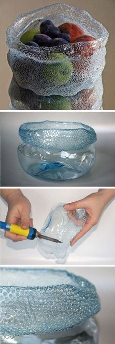 three pictures showing different stages of making a bowl with plastic wrappers and water bottles