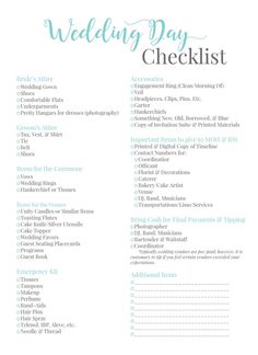 the wedding day checklist is shown in blue and white, with words above it