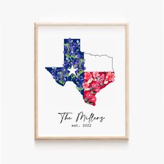 the texas state map with flowers on it and the name, the millers in black ink