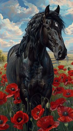 a painting of a black horse in a field of red flowers with clouds above it