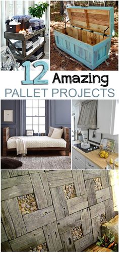 several different pictures with the words 12 amazing pallet projects on them, including an old wooden