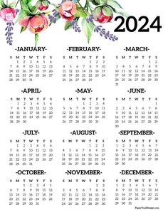 a calendar with watercolor flowers on it and the date for each month in english