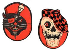 two patches with skulls and cats on them, one has a cat's head