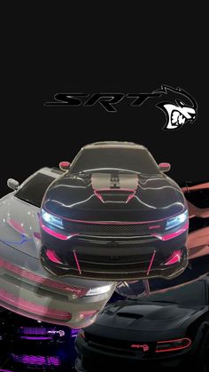 three different colored sports cars are shown in this graphic art work, one is black and the other is pink