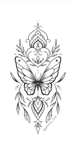 a black and white drawing of a butterfly with feathers on it's back side