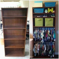 an image of a bookcase with clothes hanging on it and another photo of the same shelf