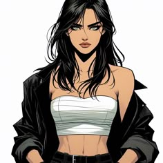 a drawing of a woman with long black hair wearing a white top and jeans, standing in front of a white background