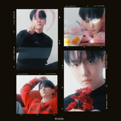 four different shots of a young man with black hair and red flowers in front of him