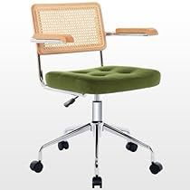 an office chair with wheels and a green seat pad on the back, in front of a white background