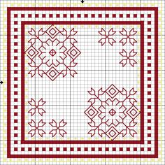 a red and white cross stitched quilt with squares on the bottom, and an image of