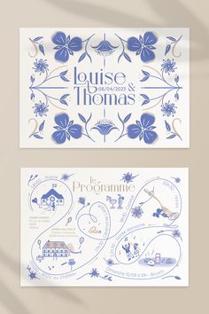 two banners with blue flowers and the words louis thomas's, le programmie