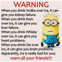 a minion saying about drinking vodka with the caption'warning if you drink vodka over ice, it can give you