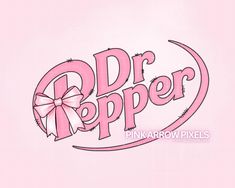 the dr pepper logo is pink and has a bow on it's head,