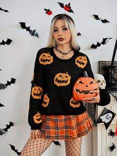 Halloween Plaid, Plaid Pullover, Halloween Sweater, Animal Cartoon, Long Sleeve Knit Sweaters, Pumpkin Pattern, Kids Sleepwear, Halloween Pumpkin, Long Sleeve Cardigan