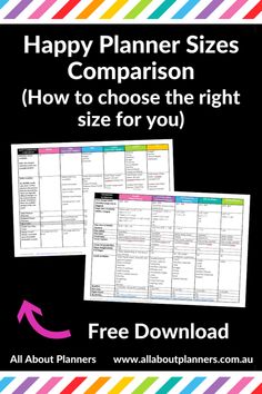 the happy planner size comparison sheet is shown in black and white, with rainbow stripes