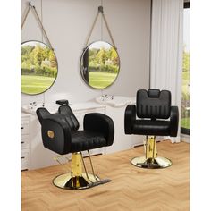 two black and gold chairs in front of mirrors