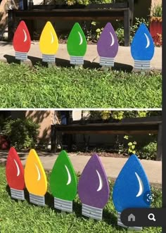 three pictures of different colored raindrops on the grass next to a park bench