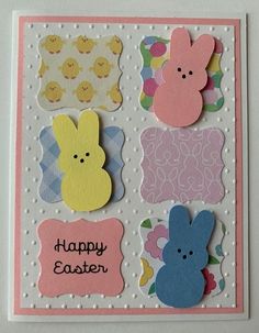 a close up of a greeting card with different types of easter eggs and bunnies