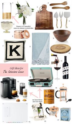 a collage of kitchen items including utensils, coffee mugs and tea towels