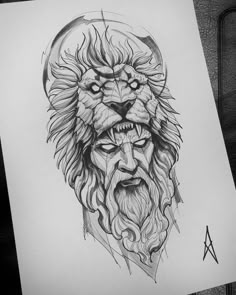 a drawing of a lion's head with long hair and a beard on paper