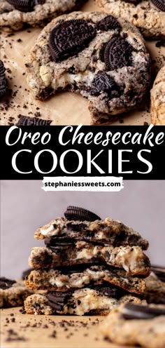 oreo cheesecake cookies stacked on top of each other with the title above it