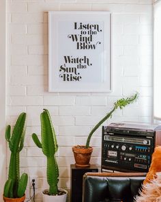 a living room with two plants and a radio on the table in front of it