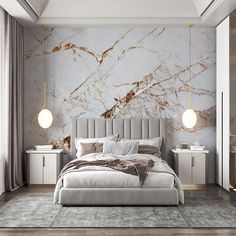 a bedroom with marble walls and flooring is pictured in this image, there are two lamps on either side of the bed