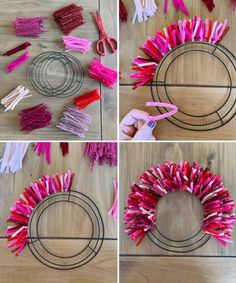 the process to make a wreath out of yarn and paper straws is shown here