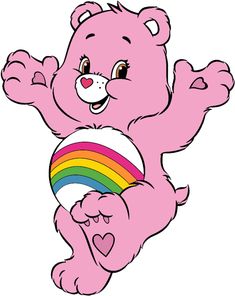 a pink teddy bear with a rainbow ball in its paws and his arms stretched out