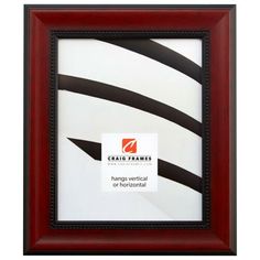 a black and white striped frame with a red border around the edge that has a logo on it