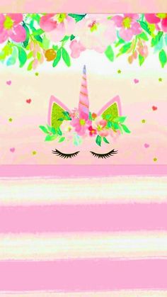 a pink background with an unicorn's face and flowers